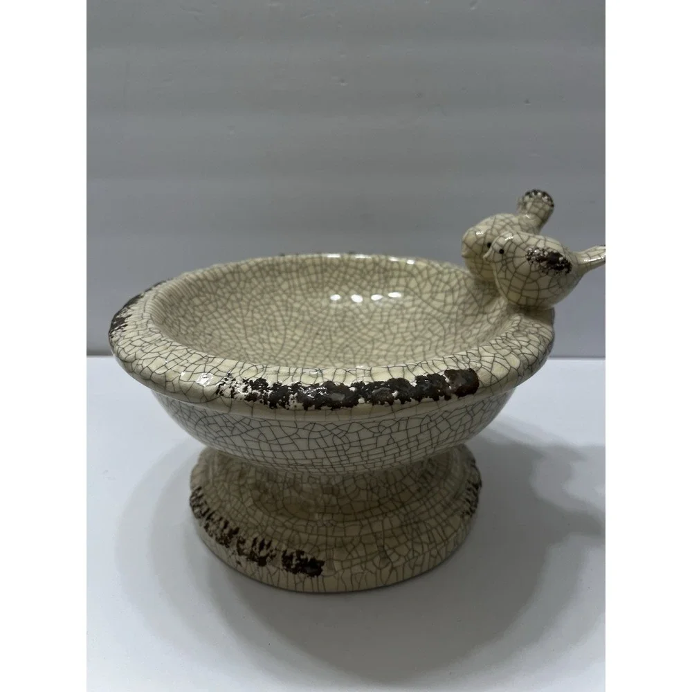 Glazed Ceramic 2 Bird Bowl Ivory Crackle Finish Table Top Bird Bath Rustic 9